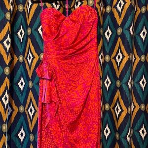 Vintage 100% silk orange and pink strapless cocktail dress with boning and bow